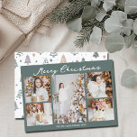 Modern Merry Christmas Photo Collage Grey Green Holiday Card<br><div class="desc">Modern grey green Merry Christmas cards with chic handwritten scrawl above your family photo collage of your 5 favorite 2025 pictures. The beautiful back features a pattern of hand drawn pine and fire trees. Chic and contemporary Christmas cards featuring one vertical photograph in the center and 4 square pictures on...</div>