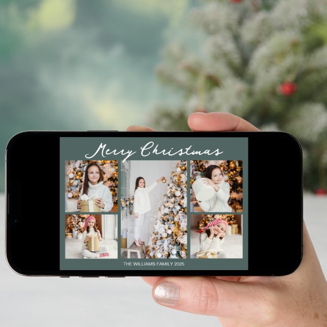 Modern Merry Christmas Photo Collage Grey Green Holiday Card (Front Digital)