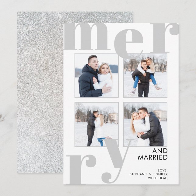 Modern Merry Christmas Photo Collage Grey Holiday Card (Front/Back)