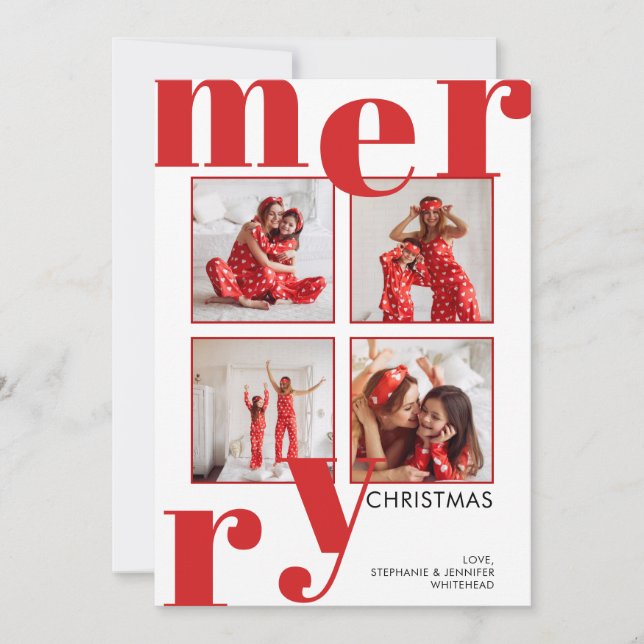 Modern Merry Christmas Photo Collage Red Holiday Card (Front)