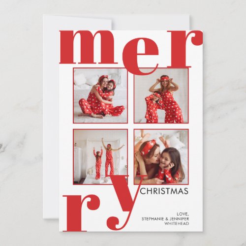 Modern Merry Christmas Photo Collage Red Holiday Card