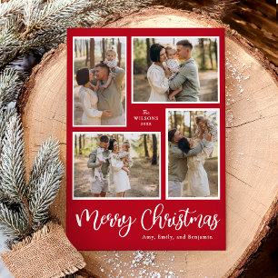 Modern Merry Christmas Photo Collage Red Holiday Card