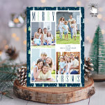 Modern MERRY CHRISTMAS Photo Collage Trees Holiday Card<br><div class="desc">Modern Christmas photo greeting card featuring a Christmas and winter trees design with MERRY CHRISTMAS in two-tone colors of blue and green against a Mediterranean blue background. Include four photos and your custom text on the front and/or back (optional). PHOTO TIP: Select photos with the subjects in the middle or...</div>