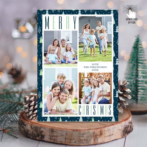 Modern MERRY CHRISTMAS Photo Collage Trees Holiday Card
