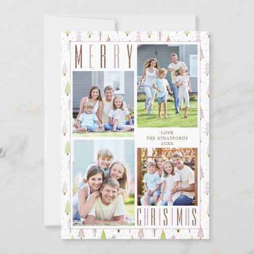 Modern MERRY CHRISTMAS Photo Collage Trees Pink Holiday Card
