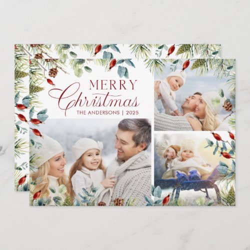 Modern Merry Christmas Photo Collage Winter Greens Holiday Card