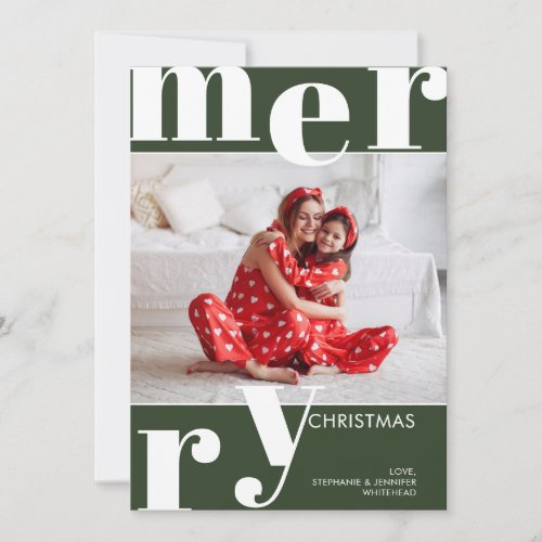 Modern Merry Christmas Photo Forest Green Holiday Card