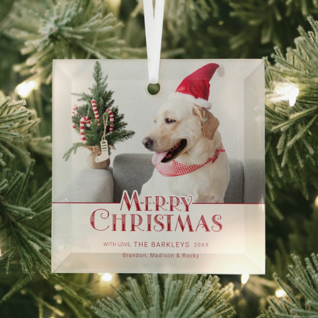 Modern Merry Christmas Photo Glass Ornament (Insitu)