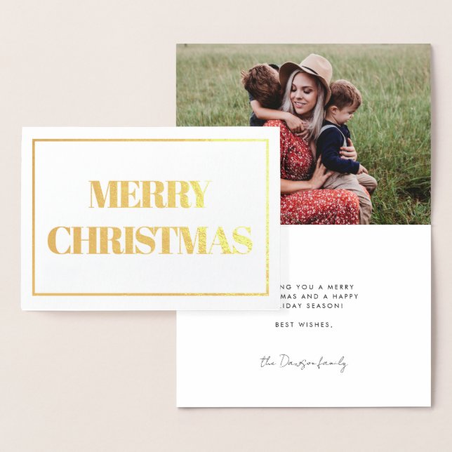 Modern Merry Christmas photo gold Foil Card (Display)