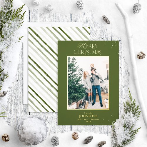 Modern Merry Christmas Photo Green Gold Foil Holiday Card