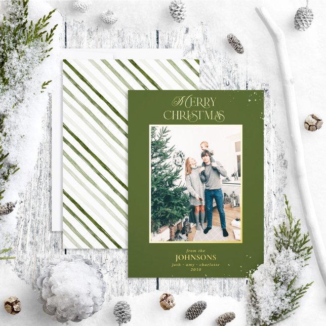 Modern Merry Christmas Photo Green Gold Foil Holiday Card (Creator Uploaded)