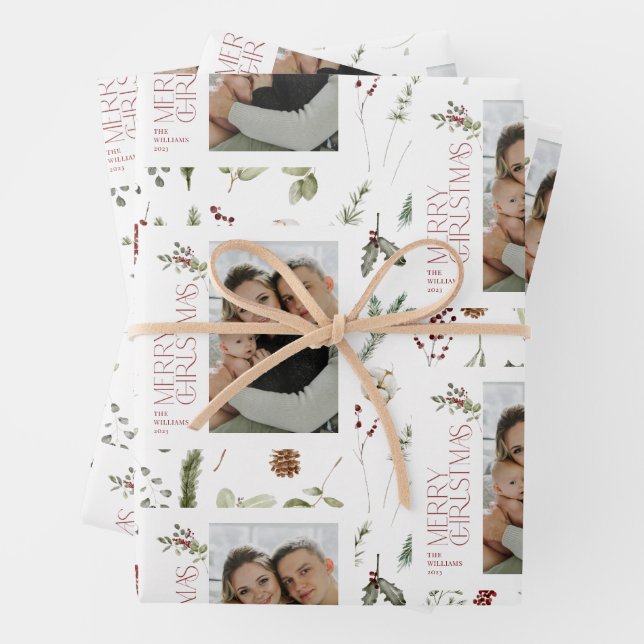 Modern Merry Christmas Photo Greenery Holiday Wrapping Paper Sheets (In situ)