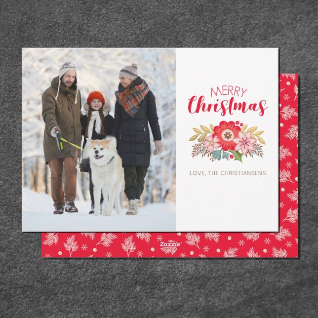Modern Merry Christmas Photo Greeting Card (An elegant red floral Christmas photo card. Personalize it with your name, and photo.)