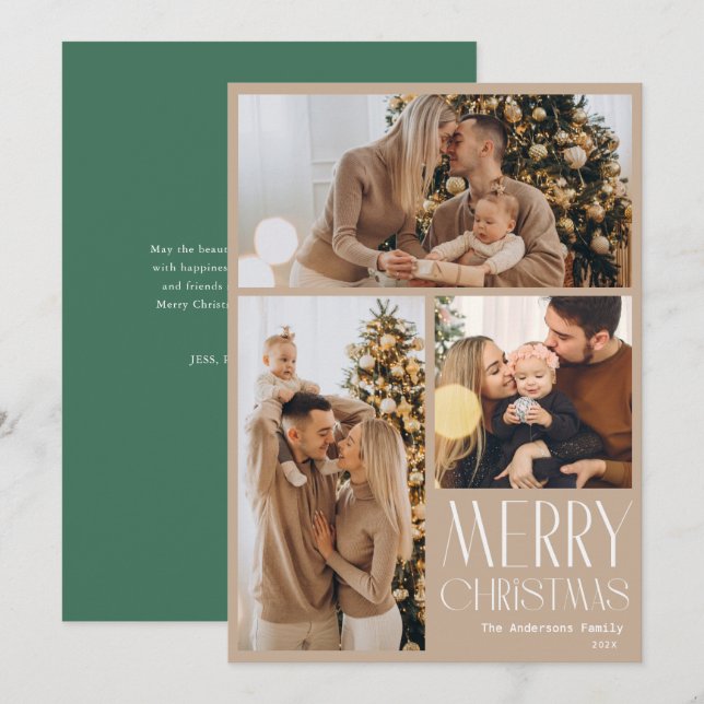 Modern Merry Christmas Photo Grid Holiday Card (Front/Back)