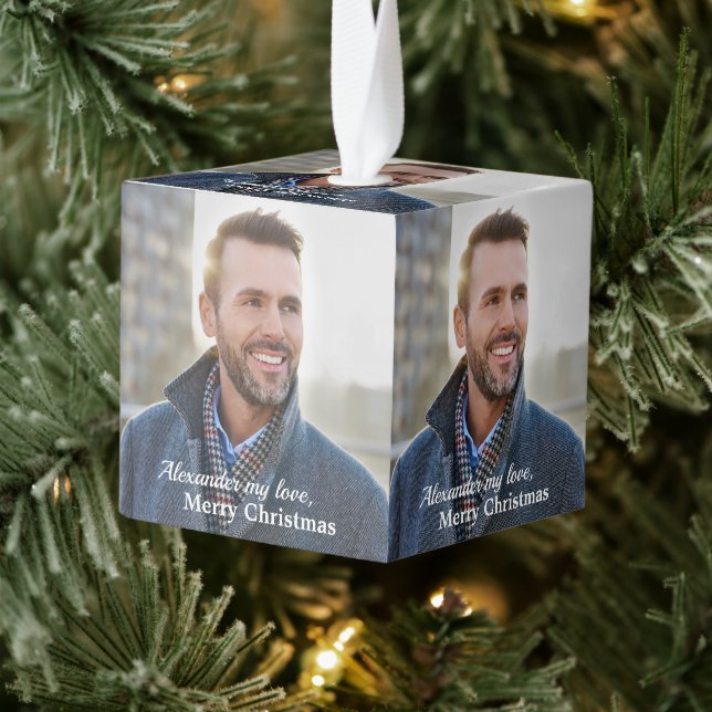 Modern Merry Christmas Photo Personalize Cube Ornament (Tree)