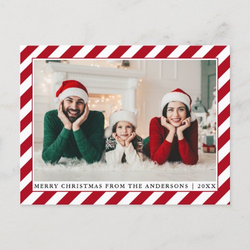 Modern Merry Christmas Photo Red Stripes Postcard