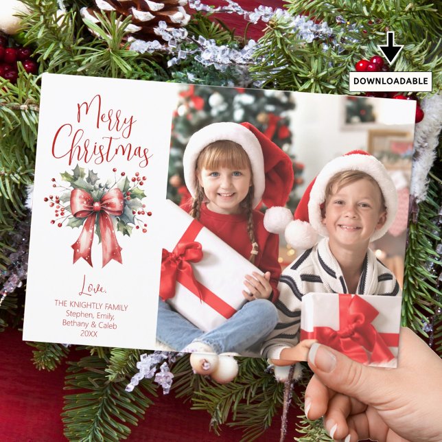 Modern Merry Christmas Photo Script Holly Bow Holiday Card (Creator Uploaded)