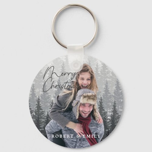 Modern Merry Christmas Photo Script  Keychain