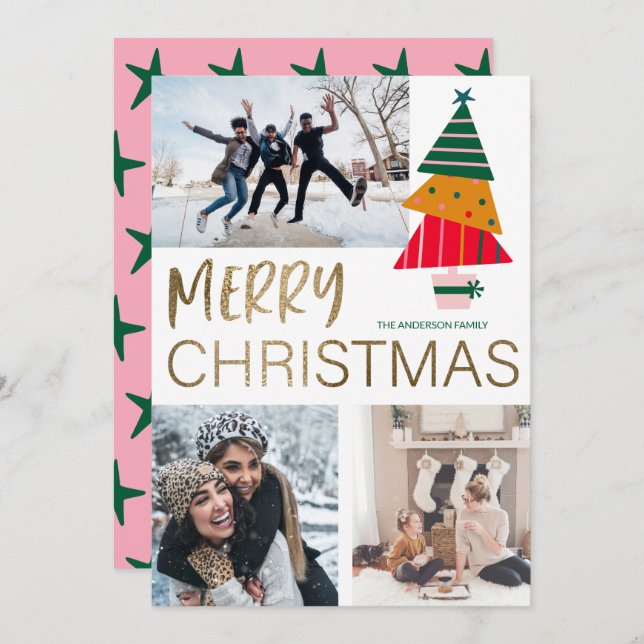 Modern Merry Christmas Photo & Tree  Note Card (Front/Back)