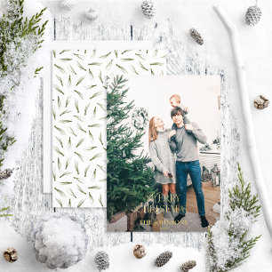 Modern Merry Christmas Pine Green Gold Photo Foil Holiday Card