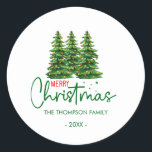 Modern Merry Christmas Pine Trees Family Classic Round Sticker<br><div class="desc">Add a festive touch to your holiday gifts and cards with our Modern Merry Christmas Pine Trees Family Classic Round Sticker! Featuring a stylish design with elegant pine trees and a cheerful "Merry Christmas" message, this sticker captures the essence of the season in a contemporary way. Perfect for personalizing your...</div>