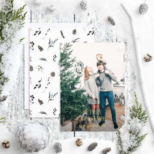 Modern Merry Christmas Pinecone Green Gold Photo Foil Holiday Card