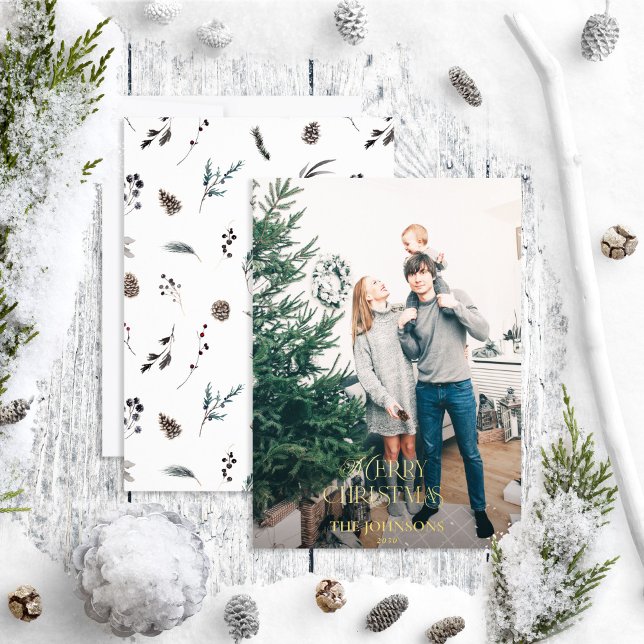 Modern Merry Christmas Pinecone Green Gold Photo Foil Holiday Card (Creator Uploaded)