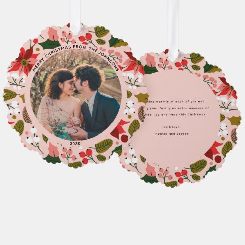 Modern Merry Christmas Pink Floral Pattern Photo Ornament Card