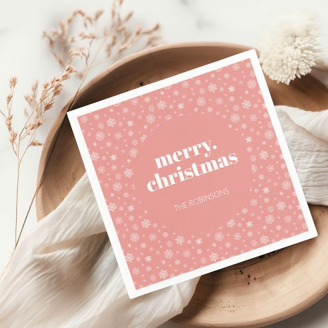 Modern Merry Christmas Pink with Snowflake Pattern Napkins (Christmas holiday snowflake pattern napkin)