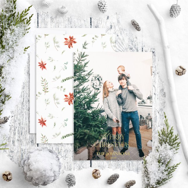 Modern Merry Christmas Poinsettia Green Gold Photo Foil Holiday Card (Creator Uploaded)