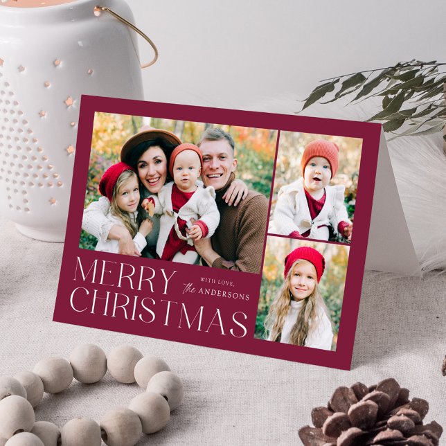 Modern Merry Christmas Purple 4 Photo Holiday Card (Creator Uploaded)