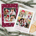 Modern Merry Christmas Purple 7 Photo Collage Holiday Card<br><div class="desc">Simple and elegant holiday card featuring a 3 photo collage on the front with "Merry Christmas" displayed in wine-colored modern lettering. Personalize the front of the card by adding your photos and name. The card reverses to display 4 additional photos and the year with a white snowflake pattern background. The...</div>