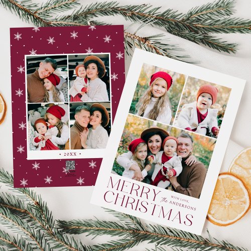 Modern Merry Christmas Purple 7 Photo Collage Holiday Card
