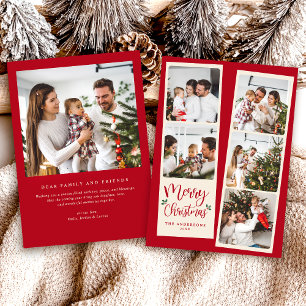 Modern Merry Christmas Red 5 Photo Holiday Card