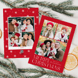 Modern Merry Christmas Red 7 Photo Collage Holiday Card<br><div class="desc">Simple and elegant holiday card featuring a 3 photo collage on the front with "Merry Christmas" displayed in white modern lettering on a red background. Personalize the front of the card by adding your photos and name. The card reverses to display 4 additional photos and the year with a white...</div>