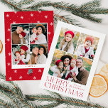 Modern Merry Christmas Red 7 Photo Collage Holiday Card<br><div class="desc">Simple and elegant holiday card featuring a 3 photo collage on the front with "Merry Christmas" displayed in red modern lettering. Personalize the front of the card by adding your photos and name. The card reverses to display 4 additional photos and the year with a white snowflake pattern background. The...</div>