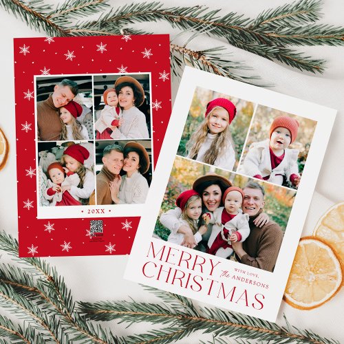 Modern Merry Christmas Red 7 Photo Collage Holiday Card