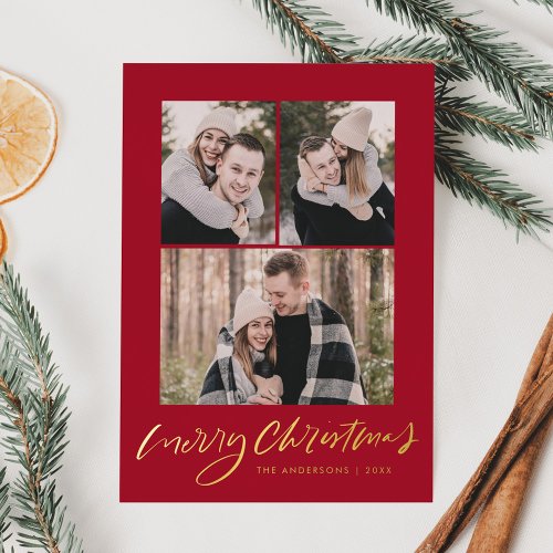Modern Merry Christmas Red and Gold Script 3 Photo Foil Holiday Card