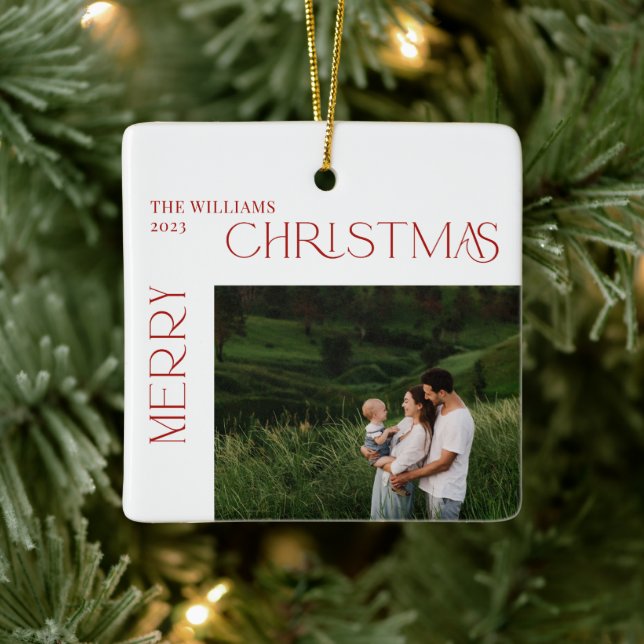 Modern Merry Christmas Red Berry Botanical 2 Photo Ceramic Ornament (Tree)