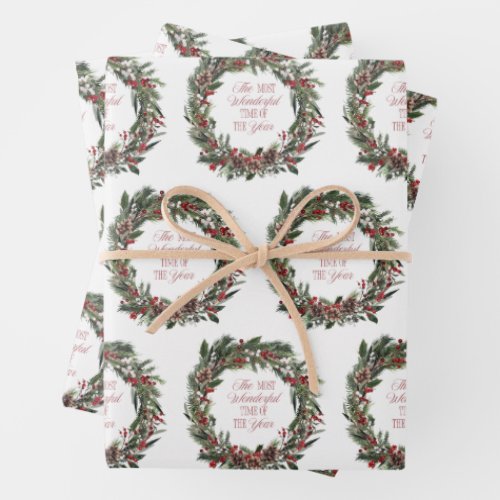 Modern Merry Christmas Red Berry Botanical Wreath Wrapping Paper Sheets