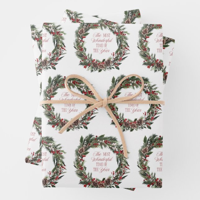 Modern Merry Christmas Red Berry Botanical Wreath Wrapping Paper Sheets (In situ)