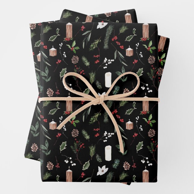 Modern Merry Christmas Red Berry Botanical Wreath Wrapping Paper Sheets (In situ)