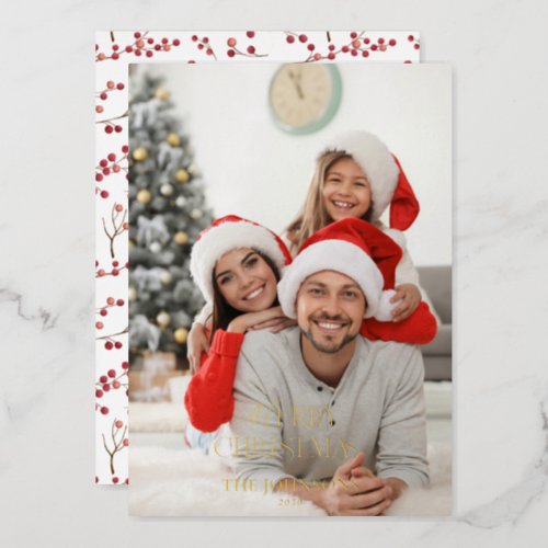 Modern Merry Christmas Red Berry Green Gold Photo Foil Holiday Card