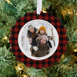 Modern Merry Christmas Red Buffalo Check Photo Ornament Card