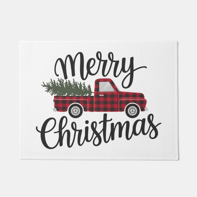 Modern Merry Christmas Red Buffalo Plaid Truck  Doormat (Front)