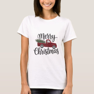 Modern Merry Christmas Red Buffalo Plaid Truck T-Shirt
