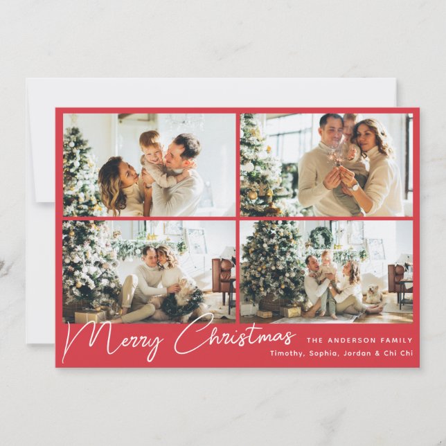 Modern Merry Christmas Red Four Photo Collage  Holiday Card (Front)