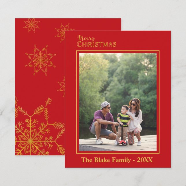 Modern Merry Christmas Red Gold Family Photo Note Card (Front/Back)