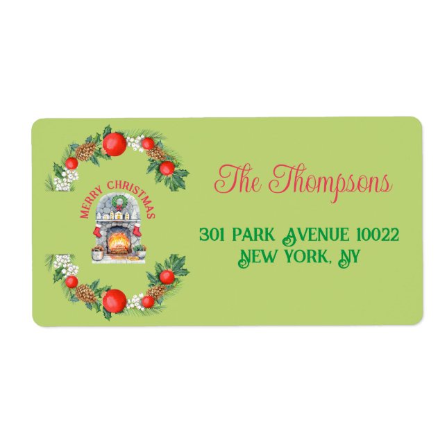 Modern Merry Christmas Red Green Fireplace Wreath Label (Front)