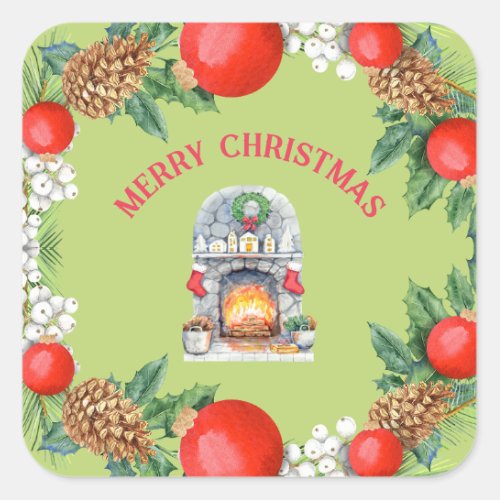 Modern Merry Christmas Red Green Fireplace Wreath Square Sticker